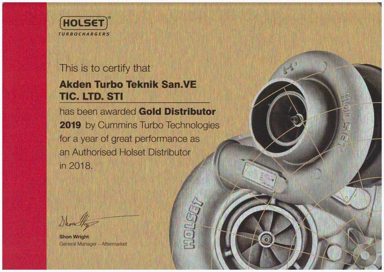Cummins Turbo Technologies Gold Distributor 2019 certificate