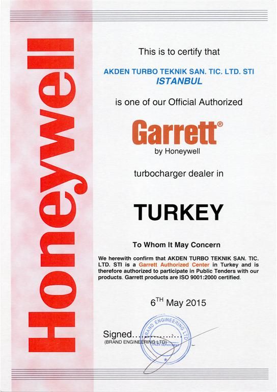 Honeywell Garrett authorised turbocharger dealer certificate for Türkiye