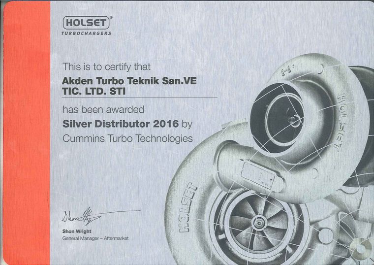 Cummins Turbo Technologies Silver Distributor 2016 certificate